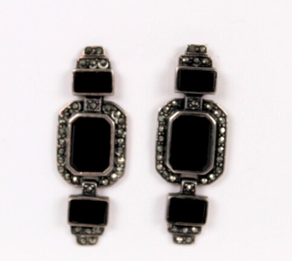 Vintage Sterling Silver Black Onyx Marcasite Dangle Earrings 1930's Art Deco